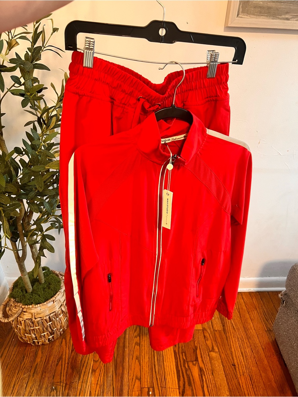 Women’s Red Varsity Jacket with White Stripe by